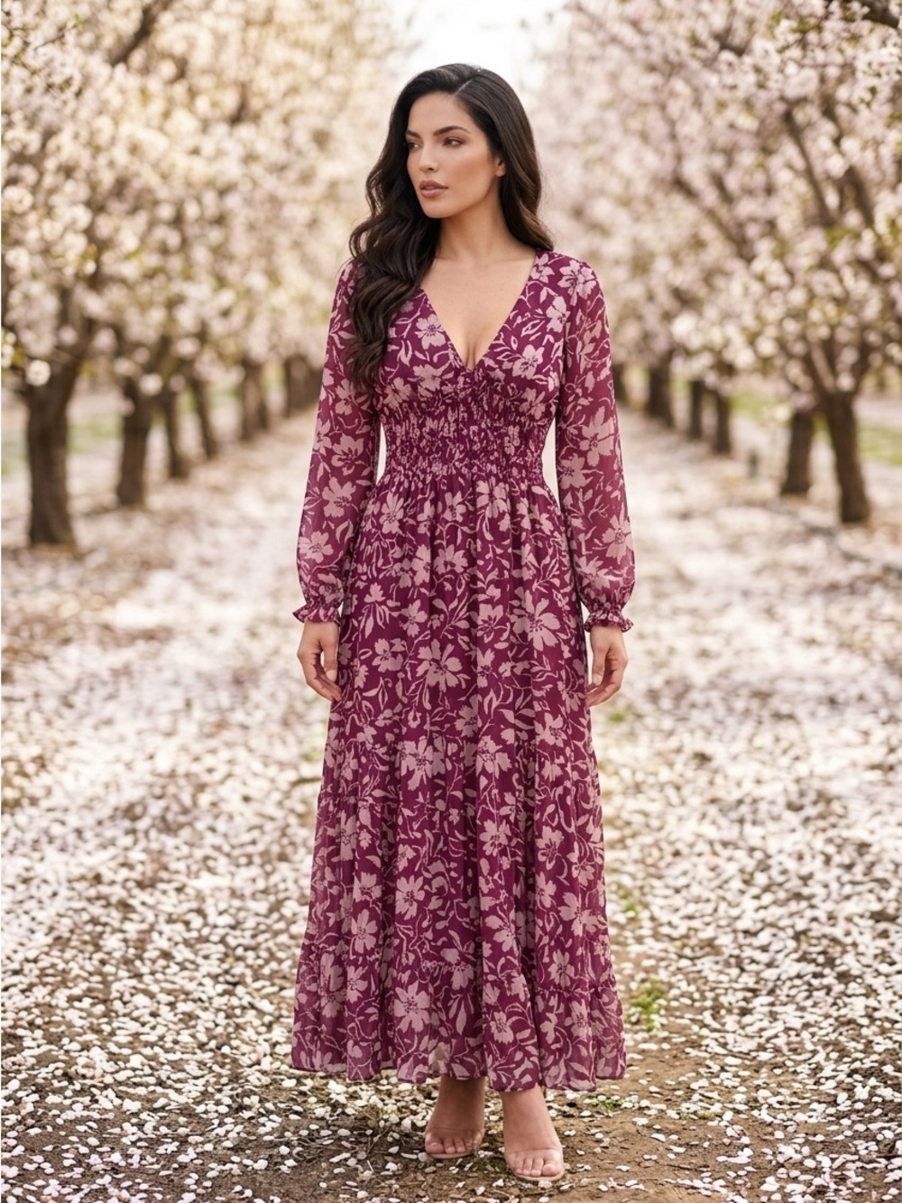 Patrons of Peace Berry Floral V‑Neck Shirred Maxi Dress - Picture 10 of 12